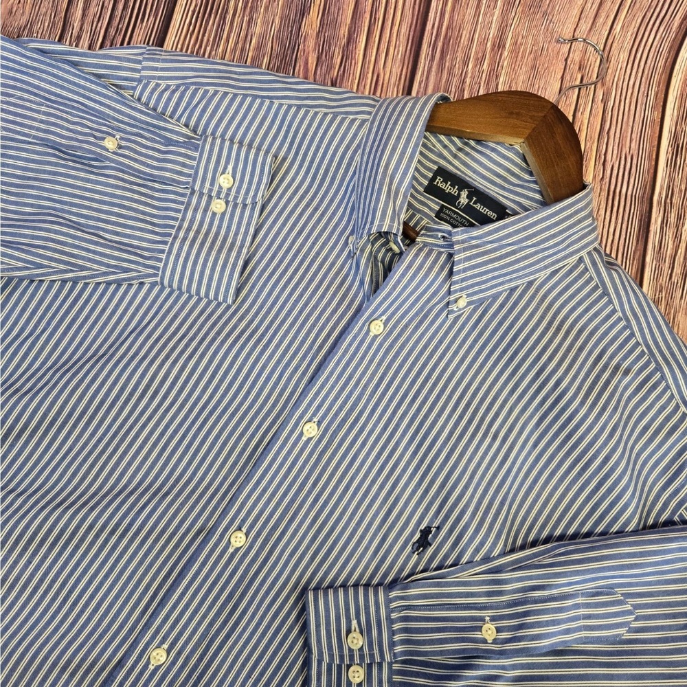 Ralph Lauren Yarmouth Shirt Mens 17.5 34/35 Blue White Striped L/S Button Down